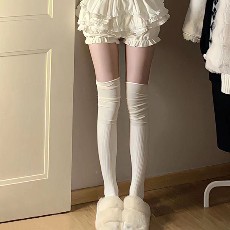 奶白色过膝长筒堆堆袜配靴子女秋冬季jk保暖拼接灰色大腿高筒靴袜