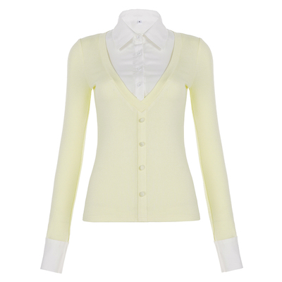 WEEKEEP 街头休闲撞色拼接假两件翻领排扣长袖T恤女百搭修身上衣