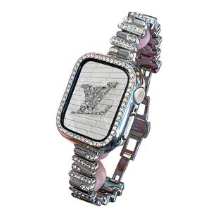 适用iWatchS11/10不规则镶钻金属表带高级感小蛮腰applewatch9/8/76苹果手表SE蝴蝶扣不锈钢小香风钻壳套装女