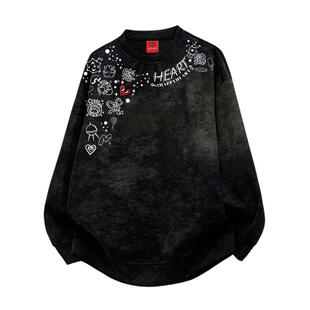 查尔斯桃心 美式扎染图案项链印花卫衣男圆领秋冬季新款百搭上衣