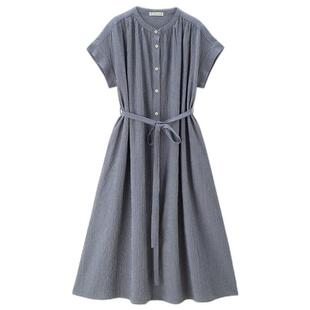 设计师款佐丹奴短袖裙子女韩系风细格纹绑带连袖连衣裙女18465612