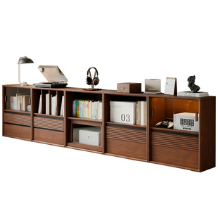 实木书柜矮柜自由组合模块柜家用客厅电视柜展示柜带玻璃门收纳柜