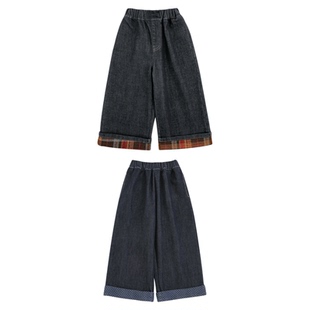 幼悠女童不易褪色波点印花时尚牛仔裤春秋双色拼布翻边直筒裤子潮