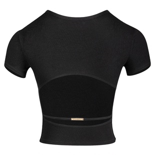 DANCEBABY拉丁舞服装练功服成人女舞衣夏带胸垫圆领短袖上衣YD100