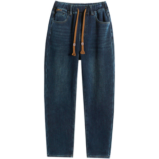 松紧高腰哈伦牛仔裤女加厚绒2025冬新款高腰宽松大码胖mm老爹裤子