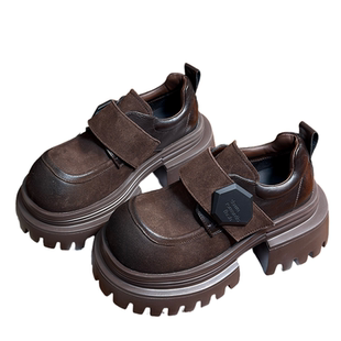 复古真皮松糕厚底小皮鞋女英伦风圆头德比鞋小个子增高加绒乐福鞋