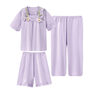 纯棉女童睡衣夏2026新款儿童短袖家居服带胸垫防凸点空调服三件套