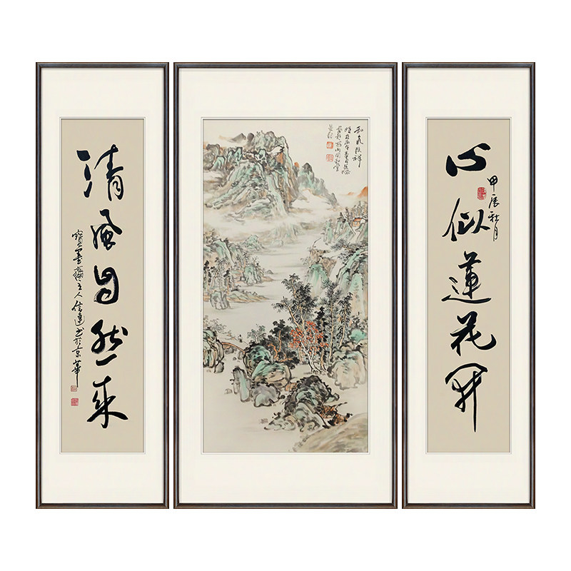 孤品收藏仅一张 名家手绘仿古山水中堂国画三联茶室挂画 买完下架