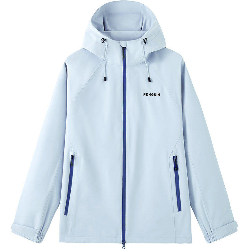 企鹅单层冲锋衣女款2026新款春夏远山蓝外套男户外防风连帽登山服