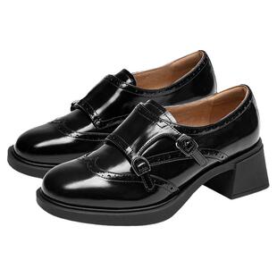 KISSCAT接吻猫布洛克系带英伦小皮鞋真皮增高通勤厚底乐福鞋女