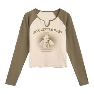 紫涵短款撞色长袖T恤女秋季新款休闲字母小狗印花修身显瘦棉上衣