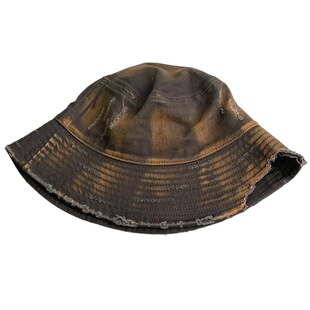 ins复古做旧水洗破洞盆帽女乞丐牛仔布铁锈风显脸小水桶渔夫帽男