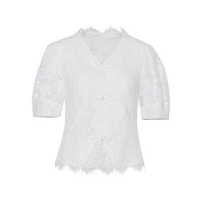 傲丝度短袖V领衬衫打底蕾丝衫