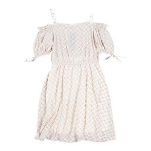 格纹吊带一字露肩雪纺连衣裙7.16L79610超仙女森系初恋甜美中裙夏
