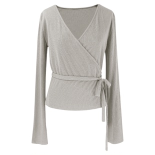 【暮云】SYT自制 港风复古绑带显瘦v领上衣T恤女秋新款长袖针织衫