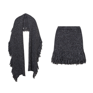 TOP家 浪漫冬日 法式复古银丝流苏毛织围巾+松紧腰多层流苏半身裙