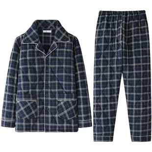 男士睡衣冬季三层纯棉加厚夹棉袄保暖家居服男款可外穿加大码套装