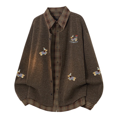 查尔斯桃心腊肠狗印花复古拼接外套男女春秋季百搭休闲针织夹克潮