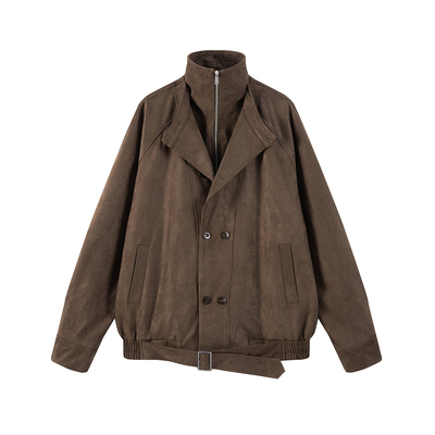 秋新可翻立领双排扣腰带夹克