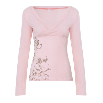 复古植系印花交叉V领长袖T恤女