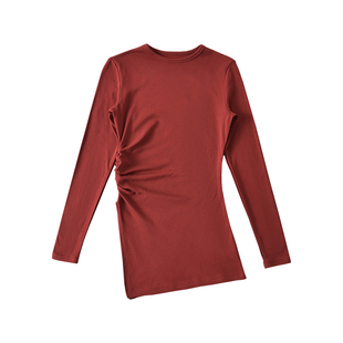 YoungGirlDay 纯欲风性感修身褶皱收腰显瘦侧开叉下摆长袖T恤上衣