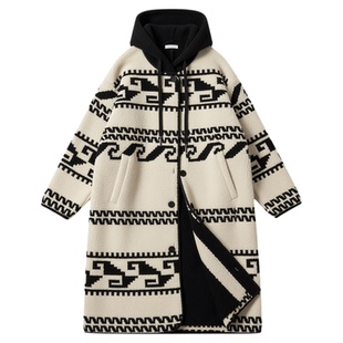 白色费尔岛仿羊羔毛外套女冬季新款加厚中长款宽松连帽保暖棉大衣