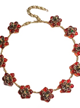 欧美宫廷风中古vintage复古气质红色果冻琉璃花朵项链耳环戒指女