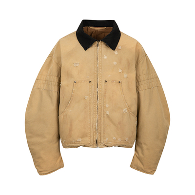 巴恩风白鸭绒拼色翻领做旧羽绒服