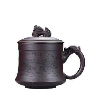 大号紫砂茶杯带过滤半手工紫砂带盖男士泡茶杯定制刻字450ml祥龙