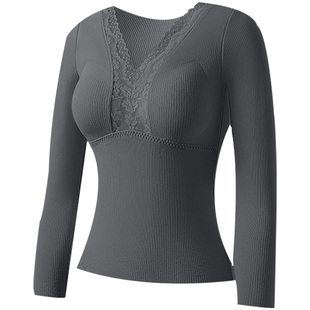 保暖内衣女士带胸垫蕾丝V领内搭打底衫秋衣秋裤纯棉长袖上衣冬季