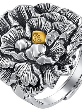 吴越老银铺足银990牡丹戒指