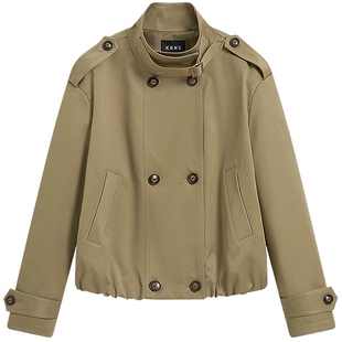 KBNE宽松短款卡其色风衣女2026春季新款小个子翻领外套女花苞上衣