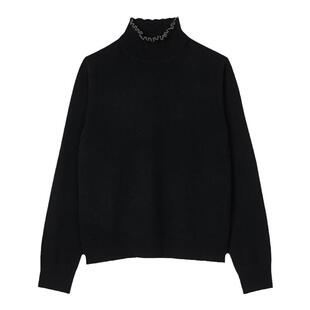 SANDRO秋冬女装法式优雅黑色仿珠饰荷叶领半高领绵羊毛针织衫上衣