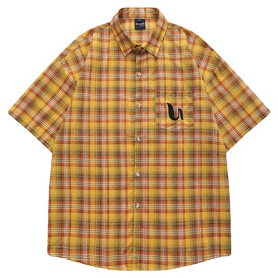 黄色格子撞色字母刺绣短袖衬衫夏