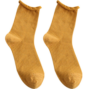 韩国代购纯色袜子女春秋学院风时尚竖条纹短袜东大门卷边堆堆袜潮