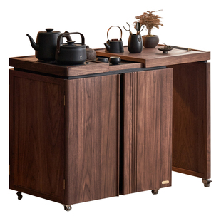 实木伸缩茶水柜可移动延展茶台煮茶下水柜黑胡桃木阳台茶桌茶边柜