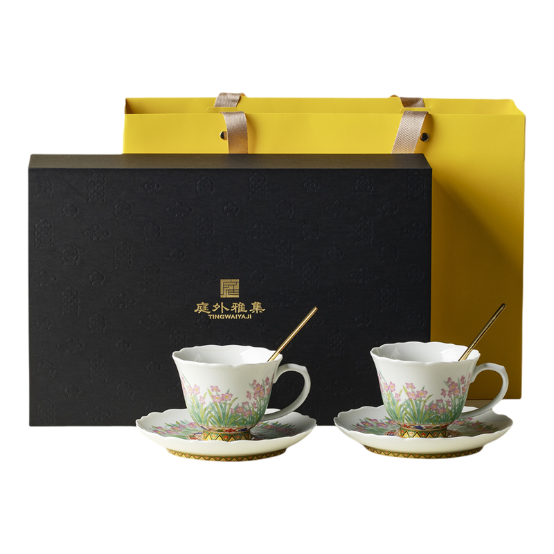 里作手工春枝水仙咖啡对杯礼盒套装高档陶瓷杯垫精致茶具生日送礼