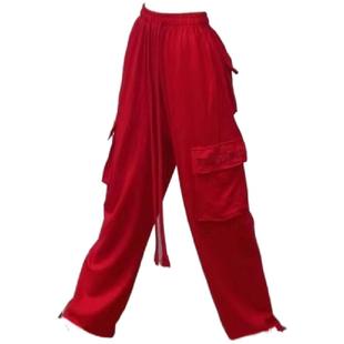 新款舞蹈服中国红色工装裤复古运动跳爵士舞阔腿束脚哈伦休闲长裤