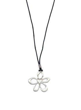 JILIFANG设计师高级时尚百搭长款黑色皮绳银色花朵吊坠毛衣链项链