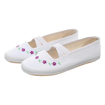 女款小白鞋绣花帆布鞋舞蹈演出