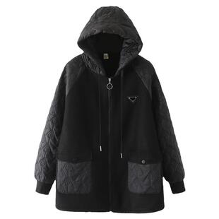秋冬毛呢拼接夹棉棉衣中年妈妈大码宽松洋气加绒加厚连帽棉服外套
