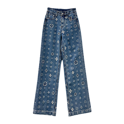 高级感印花直筒牛仔裤女春季高腰