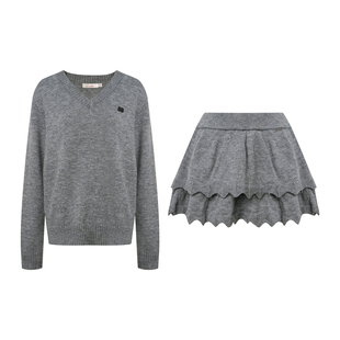 Liilou  Geek chic 羊毛混纺 V领套头针织毛衣双层蛋糕裙套装