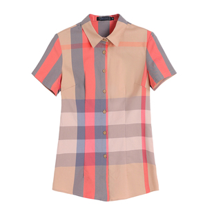 高端上衣高档品牌奢华 大码女装胖mm夏装 洋气短款英伦风格子衬衫