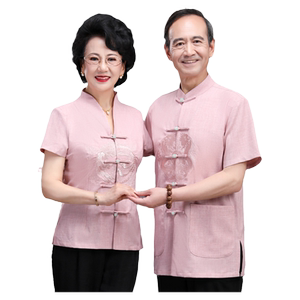 中老年人唐装男夏季短袖情侣夏装爷爷奶奶结婚生日过寿中国风套装