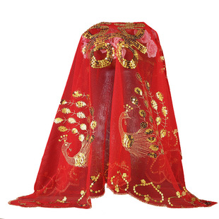 结婚盖头新娘结婚盖头孔雀亮片红盖头新婚头纱大红中式拜堂盖头