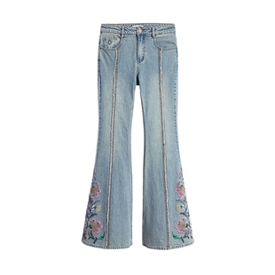 Desigual【博主同款】牛仔分割花卉刺绣喇叭裤女式牛仔裤