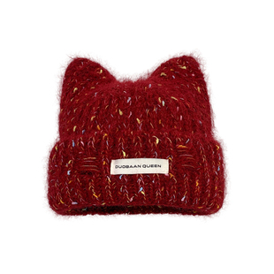 2025新款彩色点点猫耳朵针织帽女冬季保暖毛线帽可爱时尚护耳帽子