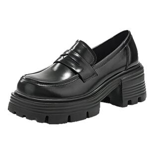 妙丽厚底真皮乐福鞋女2026春季新款小个子增高一脚蹬英伦风小皮鞋