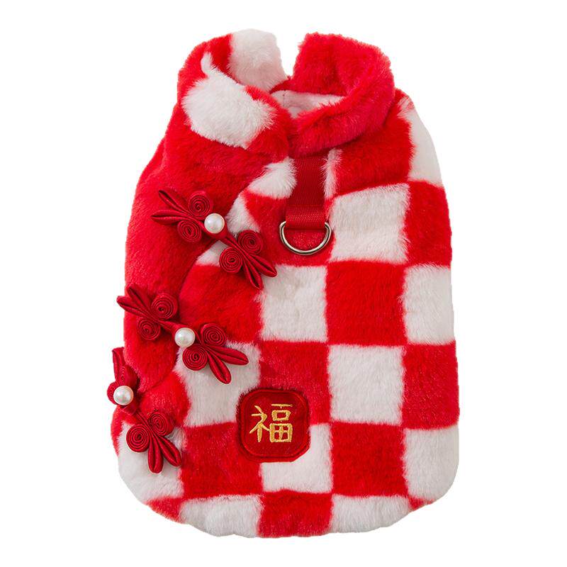 新春宠物衣服棋盘格兔毛拼接新年棉衣两脚绒衣猫秋冬保暖衣服